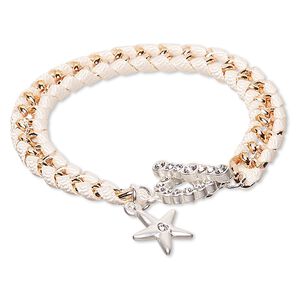 Bracelet, nylon / Czech glass rhinestone / copper-finished steel / silver-finished "pewter" (zinc-based alloy), white and clear, 8mm wide with 14.5mm star, 6-1/2 inches with toggle clasp. Sold individually.