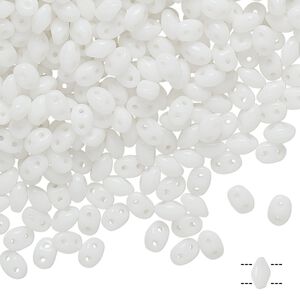 Bead, Preciosa Twin&trade;, Pressed Twin, Czech pressed glass, white, 5x2.5mm oval with 2 holes. Sold per 50-gram pkg.