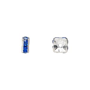 Bead 1pkg10 silver-plated, 6x3mm squaredelle, brass / sapphire blue rhinestone
