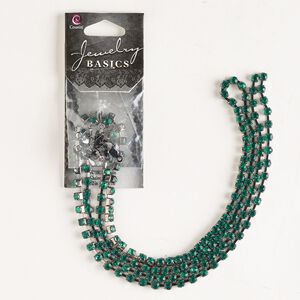 Cupchain, imitation rhodium-finished brass and glass 1pkg1, green, 3mm wide, 32 inches with (8) connectors.