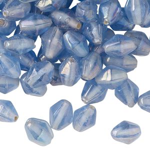 Bead, lampworked glass, translucent light sky blue luster, 9x6mm-10x7mm double cone. Sold per 2-ounce pkg, approximately 130 beads.