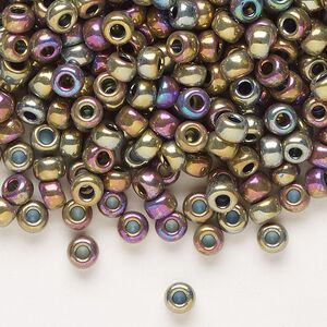 Seed bead, Miyuki, glass, pkg/25g, #6 rocaille, opaque nickel-plated golden olive iris (RR-188).