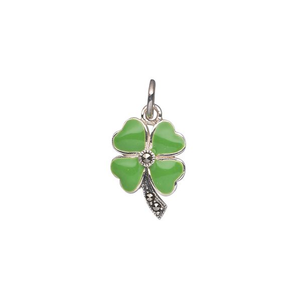 Charm, Signity&reg; marcasite (natural) / epoxy / antiqued sterling silver, green, 15x11mm single-sided 4-leaf clover. Sold individually. image number 0
