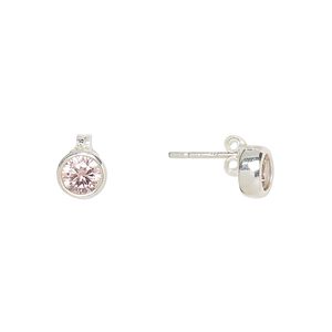 Earstud, Create Compliments&reg;, cubic zirconia and sterling silver, pink, 6.5mm round. Sold per pair.