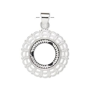 Pendant, silver-plated "pewter" (zinc-based alloy), 23mm fancy round with 14mm round setting. Sold per pkg of 4.