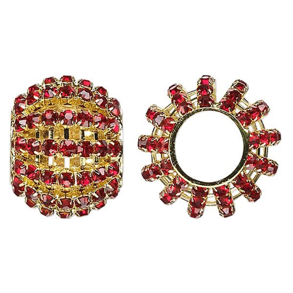 Bead 1pkg1 gold-finished, 25x20mm barrel / 3mm chatons, brass / ruby red rhinestone image number 0