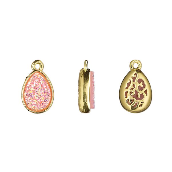 Drop, Druzylite&trade;, "druzy" (resin) and gold-finished brass, pink, 11.5x8.5mm two-sided teardrop with open filigree back. Sold per pkg of 4. image number 0