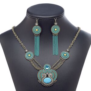 Necklace and earring set, acrylic rhinestone / acrylic / glass rhinestone / enamel / antique gold-finished brass / steel / "pewter" (zinc-based alloy), multicolored, 18-inch necklace with 3-inch extender chain and lobster claw clasp, 3-1/2 inch earrings with leverback ear wire. Sold per set.