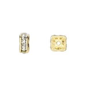 Bead 1pkg10 gold-finished, 8x4mm squaredelle, brass / clear rhinestone