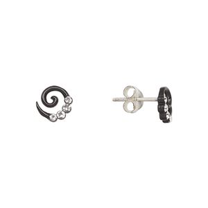 Earstud, Create Compliments&reg;, sterling silver and crystal, black and clear, 7mm swirl. Sold per pair.