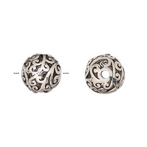Bead 1pkg2 silver-finished, 12mm round / vine / cutout, brass