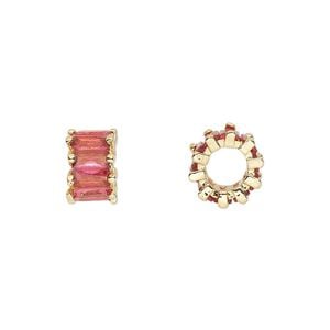 Bead 1pkg2 gold-plated, 10.5x6mm rondelle, brass / fuchsia cubic zirconia