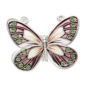 Focal, cloisonn&eacute;, sterling silver and enamel, purple and multicolored, 36x27mm butterfly. Sold individually.