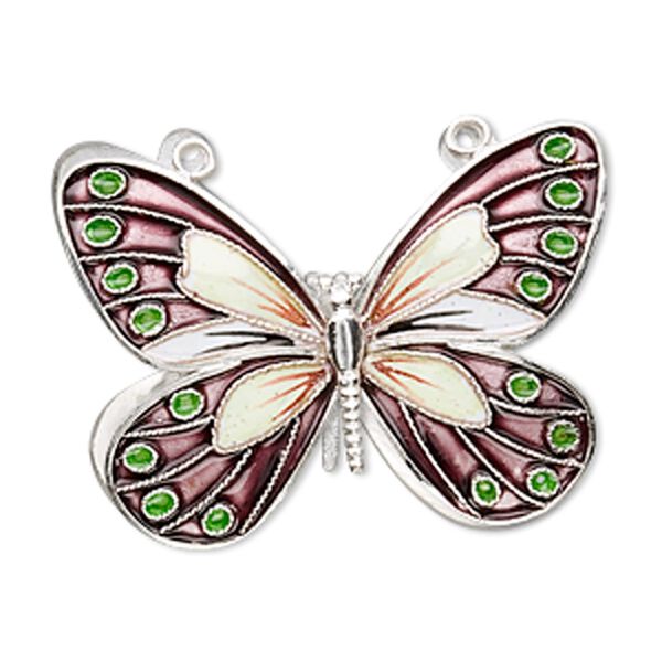 Focal, cloisonn&eacute;, sterling silver and enamel, purple and multicolored, 36x27mm butterfly. Sold individually. image number 0