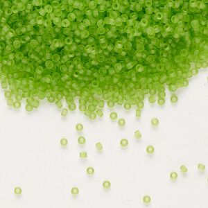 Seed bead, Miyuki, glass, pkg/35g, #15 rocaille, translucent matte lime, (RR-144F).
