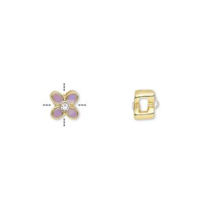 Bead 1pkg4 gold-finished "pewter", 6mm flower / 2sided, glass rhinestone / epoxy / purple & clear