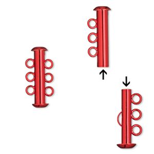 Clasp slide lock 1pkg2, 21.5x6mm tube, brass / electrocoated red 3-strand