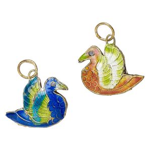 Charm mix, cloisonn&eacute;, enamel and gold-finished copper, multicolored, 26x20mm double-sided puffed duck. Sold per pkg of 2.