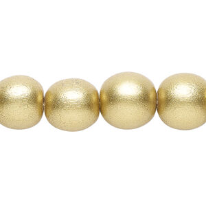 Bead 1pkg1, Taiwanese cheesewood (coated), painted metallic yellow gold, 11-12mm round, 15-1/2 to 16 inches.