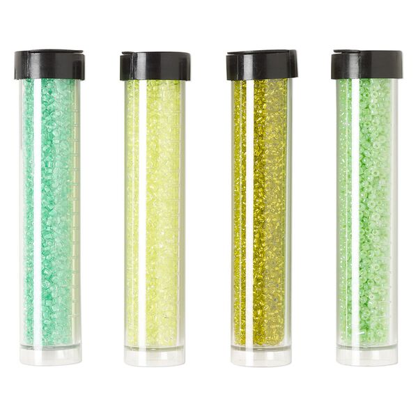 Seed bead assortment, Ming Tree&trade;, glass, pkg/(4) 4 x 3/4 inch vials, #11 round, opaque and transparent silver-lined ceylon yellow, green, kiwi green and mint green. image number 0