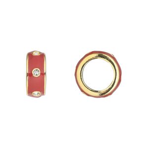 Bead 1pkg1 gold-finished "pewter", 14x5.5mm rondelle, enamel red crystal Dione&reg;