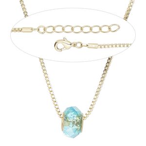 Necklace, Everyday Jewelry&trade;,  brass and crystal, turquoise blue rondelle on gold-finished chain with lobster claw clasp, 20 inches. Sold individually.