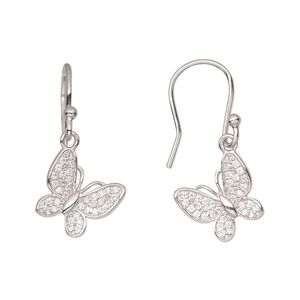 Earring, Create Compliments&reg;, cubic zirconia and rhodium-plated sterling silver, clear, 29mm with butterfly and fishhook ear wire, 20 gauge. Sold per pair.