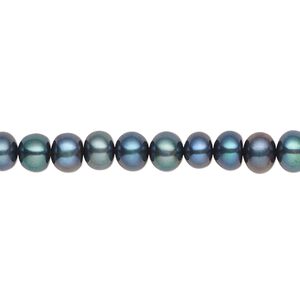 Pearl, cultured freshwater (dyed), iris green, 5-6mm button, C grade, Mohs hardness 2-1/2 to 4. Sold per 15-1/2" to 16" strand.
