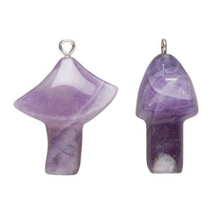 Drop 1pkg1, imitation rhodium-plated brass and banded amethyst (natural), 25x21.5mm hand-carved mushroom