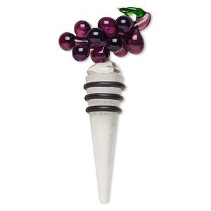 Bottle stopper, lampworked glass and rubber, multicolored, 3x2 inches with grapes and three rings. Sold individually.
