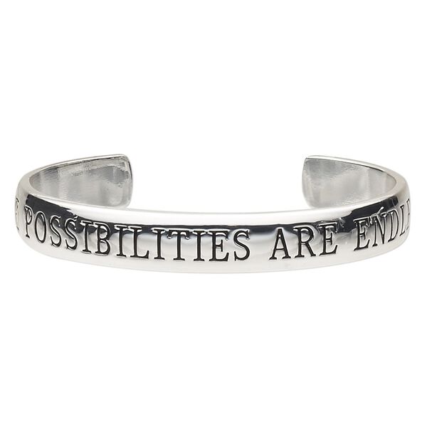 Bracelet, cuff, silver-plated brass, 11mm wide with "THE POSSIBILITIES ARE ENDLESS," 7 inches. Sold individually. image number 0