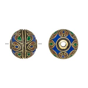 Bead 1pkg1 gold-finished, 18.5x17mm rondelle / heart, brass / enamel / multicolored