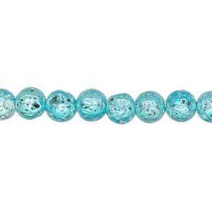 Lava rock 1pkg1, electrocoated round bead, aqua blue 15.5-16 inch 6-7mm