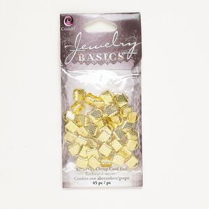 Ribbon crimp end 1pkg45 gold-finished, 7x6mm textured rectangle, steel