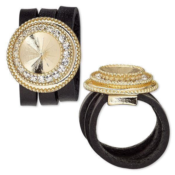 Ring, Almost Instant Jewelry&reg;, leather (dyed) / crystals / gold-finished "pewter" (zinc-based alloy), black and crystal clear, 22mm wide with beaded rim and 12mm rivoli setting, size 7-1/2 to 8. Sold individually. image number 0