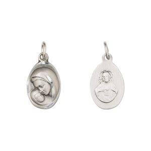 Drop, Britannia pewter (tin-based alloy), 14x10mm two-sided diamond-cut oval with Madonna and child. Sold individually.