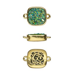 Link, Druzylite&trade;, "druzy" (resin) and gold-finished brass, green, 11.5mm two-sided square with open filigree back. Sold per pkg of 4.