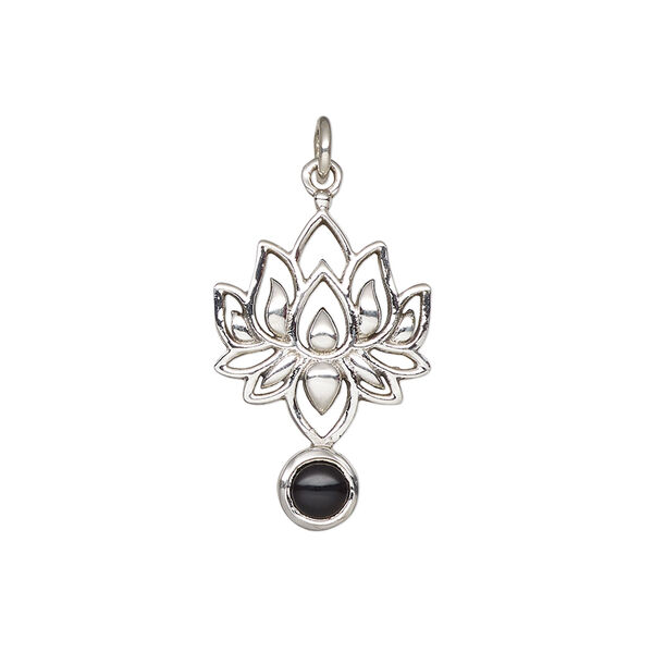 Drop 1pkg1, antiqued sterling silver and black onyx, 22.5x14.5mm lotus image number 1