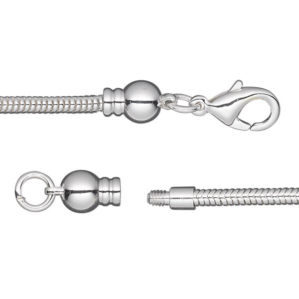 Chain 1pkg1 silver-plated snake, 2.6mm / lobster claw clasp / fits 3.5-6mm hole, Dione&reg; brass 6.5 inch image number 0