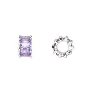 Bead 1pkg2 silver-plated, 10.5x6mm rondelle, brass / amethyst cubic zirconia