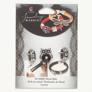 Slider bead assortment 1pkg3, antique silver-finished brass and acrylic, black, 18x15mm owl / 15x6mm oval.