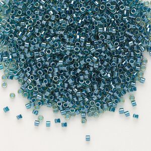 Seed bead, Delica&reg;, glass, pkg/7.5g, #11 round, translucent dark teal-lined luster chartreuse (DB-0919).