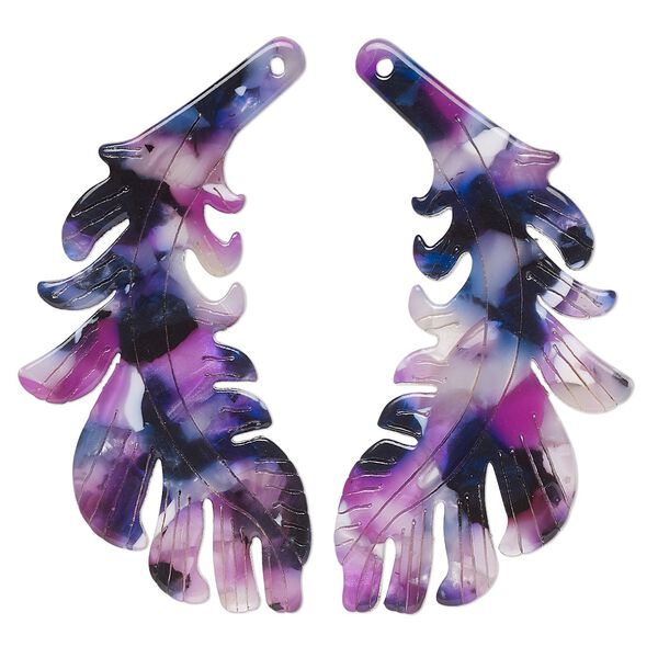 Focal 1pkg4 resin, purple / dark purple / white, 46x25mm single-sided left and right-facing carved feather. image number 0