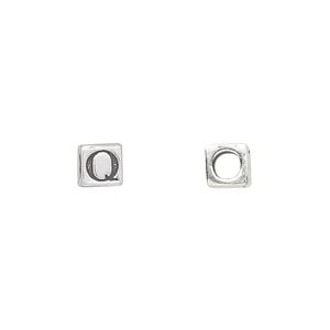 Bead 1pkg1 sterling silver, 5.5mm cube / letter Q, antiqued Dione&reg;