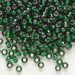 Seed bead, Dyna-Mites&trade;, glass, transparent silver-lined emerald green, #6 round. Sold per 1/2 kilogram pkg.
