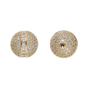 Bead 1pkg1 gold-finished, 14mm round, brass / clear rhinestone