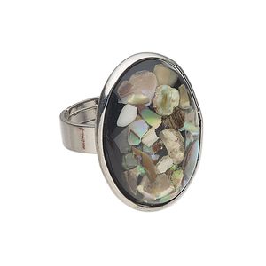 Ring brass / multi-shell 1pkg1, 26x19mm oval, bleached/assembled silver finish / multicolored