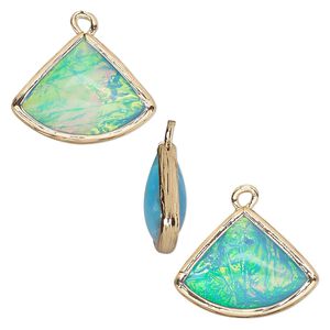 Drop, Opalized Ice&trade;, "opal" (resin) and gold-finished brass, light blue, 19x15mm double-sided fan. Sold per pkg of 4.