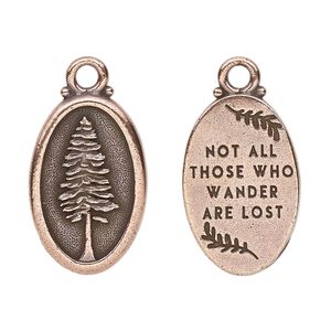 Charm, TierraCast&reg;, antique copper-plated pewter (tin-based alloy), 26x16mm 2-sided oval with redwood and "Not all those who wander are lost." Sold per pkg of 20.