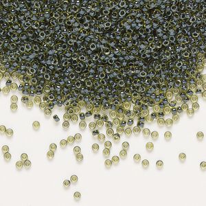 Seed bead, Miyuki, glass, pkg/250g, #15 rocaille, translucent black-lined luster chartreuse (RR-1816).